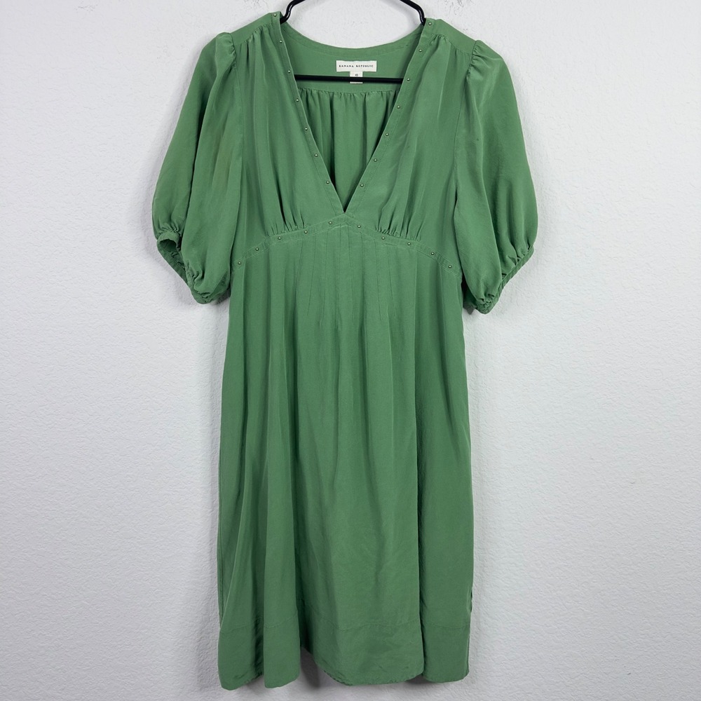 Banana Republic Dress Womens 10 Green Silk Studded Puff Sleeve Romantic Feminine